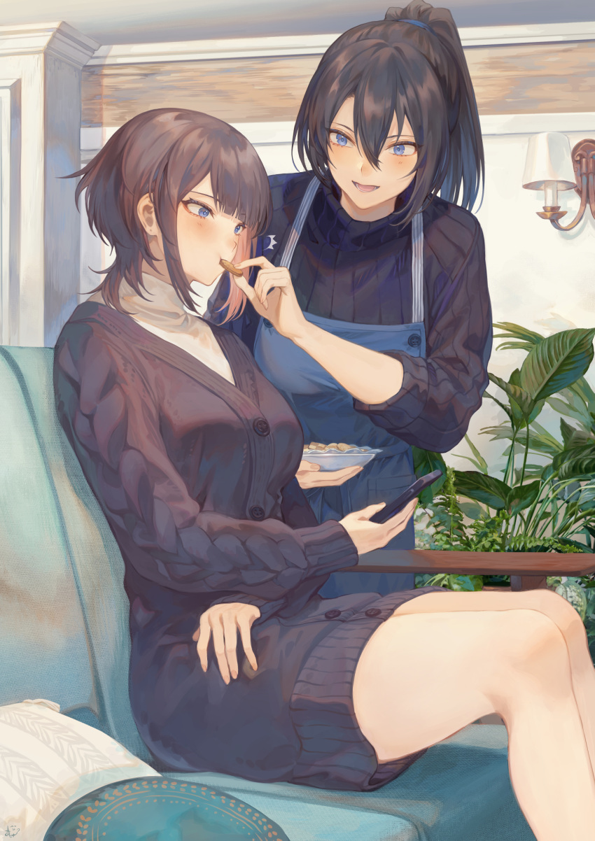 2girls, apron, black_hair, blue_eyes, brown_hair, cellphone, commentary_request, cookie