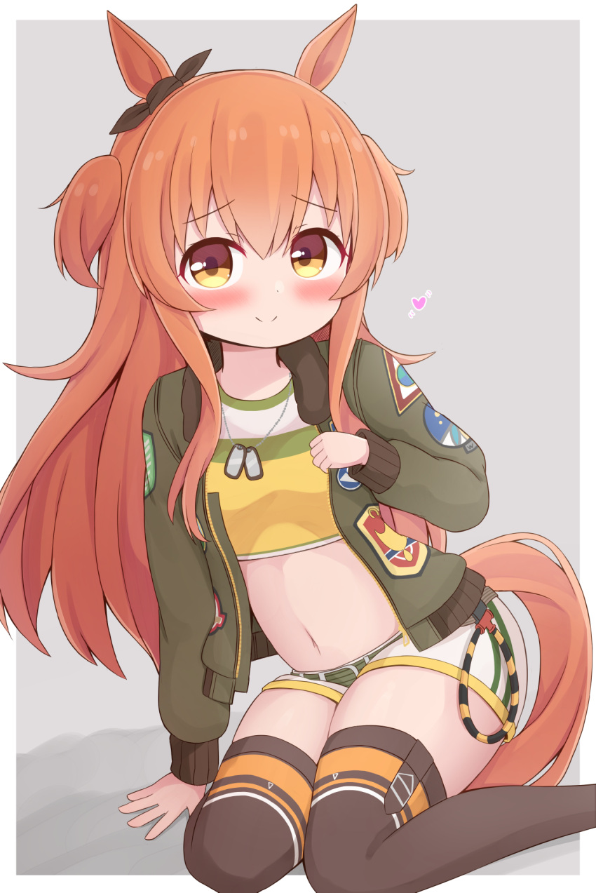 animal_ears, belt, bomber_jacket, breasts, crop_top, dog_tags, grey_background, highres