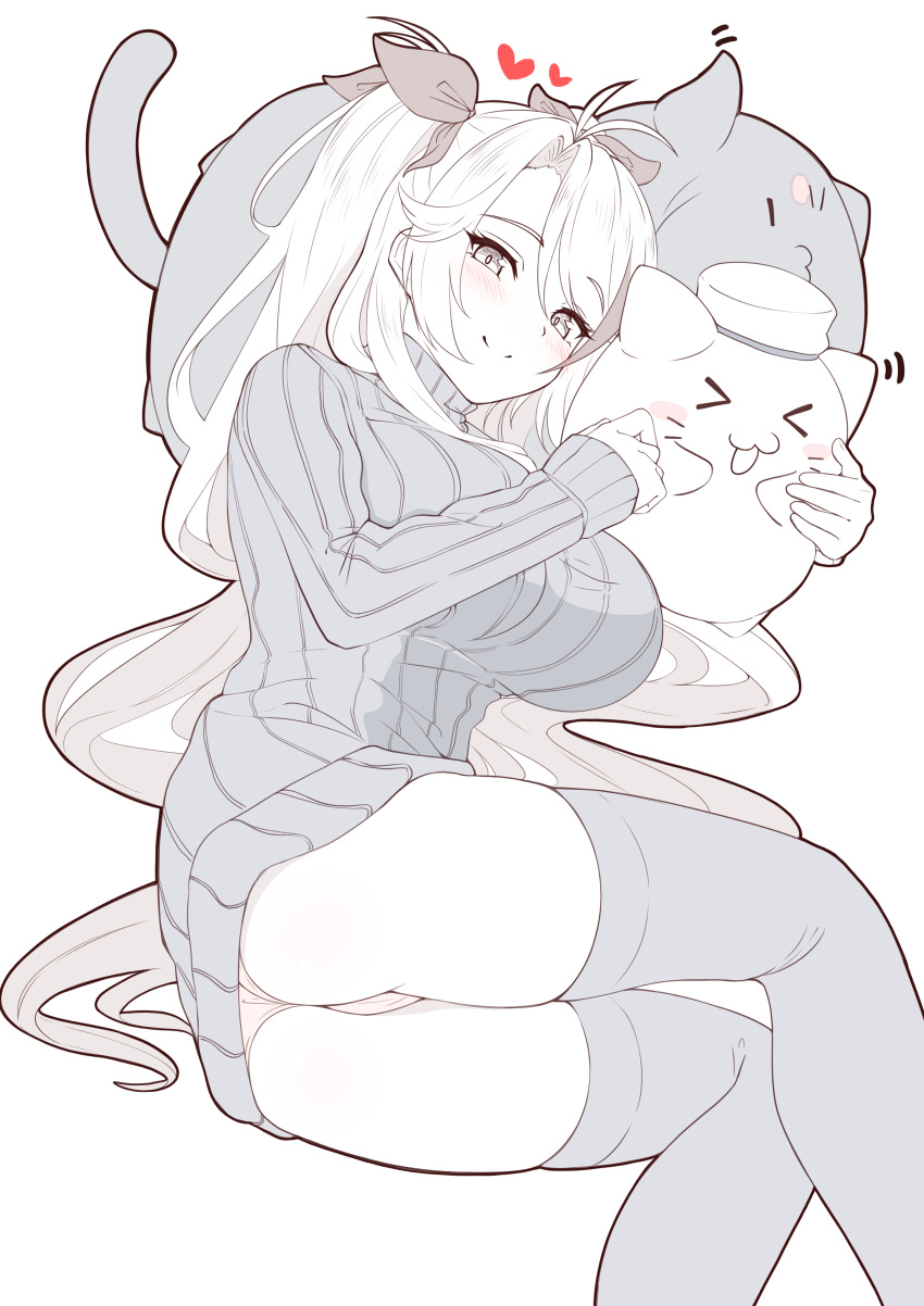 >3<, 1girl, absurdres, alternate_costume, ass, azur_lane, bangs, blush, breasts, eyebrows_visible_through_hair, feet_out_of_frame, hair_between_eyes, hair_ribbon, heart, highres, knees_together_feet_apart, large_breasts, long_hair, long_sleeves, meowfficer_(azur_lane), monochrome, moyoron, no_pants, panties, parted_bangs, prinz_eugen_(azur_lane), ribbed_sweater, ribbon, simple_background, sleeves_past_wrists, spot_color, sweater, turtleneck, turtleneck_sweater, two_side_up, underwear, very_long_hair, white_background