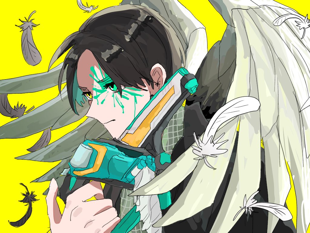 1boy, angel_wings, aqua_eyes, black_feathers, black_jacket, commentary_request, dual_persona, feathers