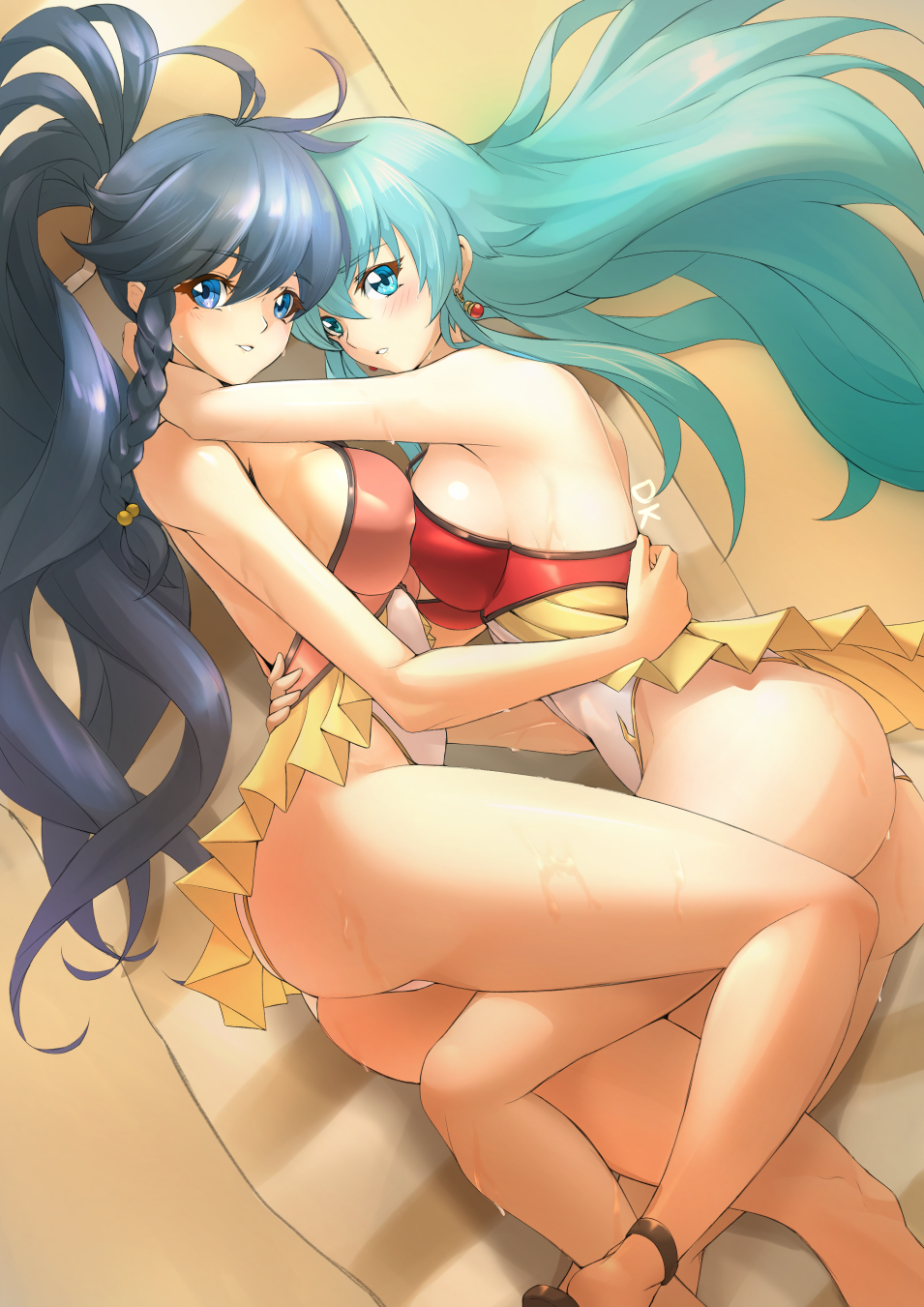 2girls, ahoge, alternate_costume, anklet, aqua_eyes, aqua_hair, ass, beach