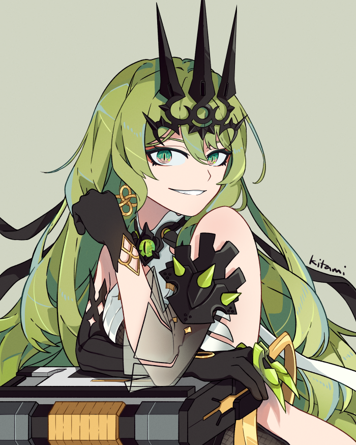 1girl, artist_name, bare_shoulders, black_dress, black_gloves, claw_ring, crown, dress, earrings, gloves, green_background, green_eyes, green_hair, grin, honkai_(series), honkai_impact_3rd, jewelry, kitamiteo, long_hair, looking_at_viewer, mobius_(honkai_impact), simple_background, single_earring, sleeveless, sleeveless_dress, smile, solo, teeth