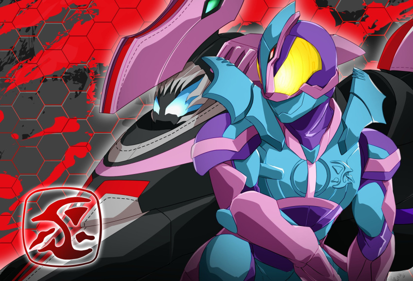 2boys, aircraft, alternate_form, armor, blue_armor, character_name, driver_(kamen_rider), faiz
