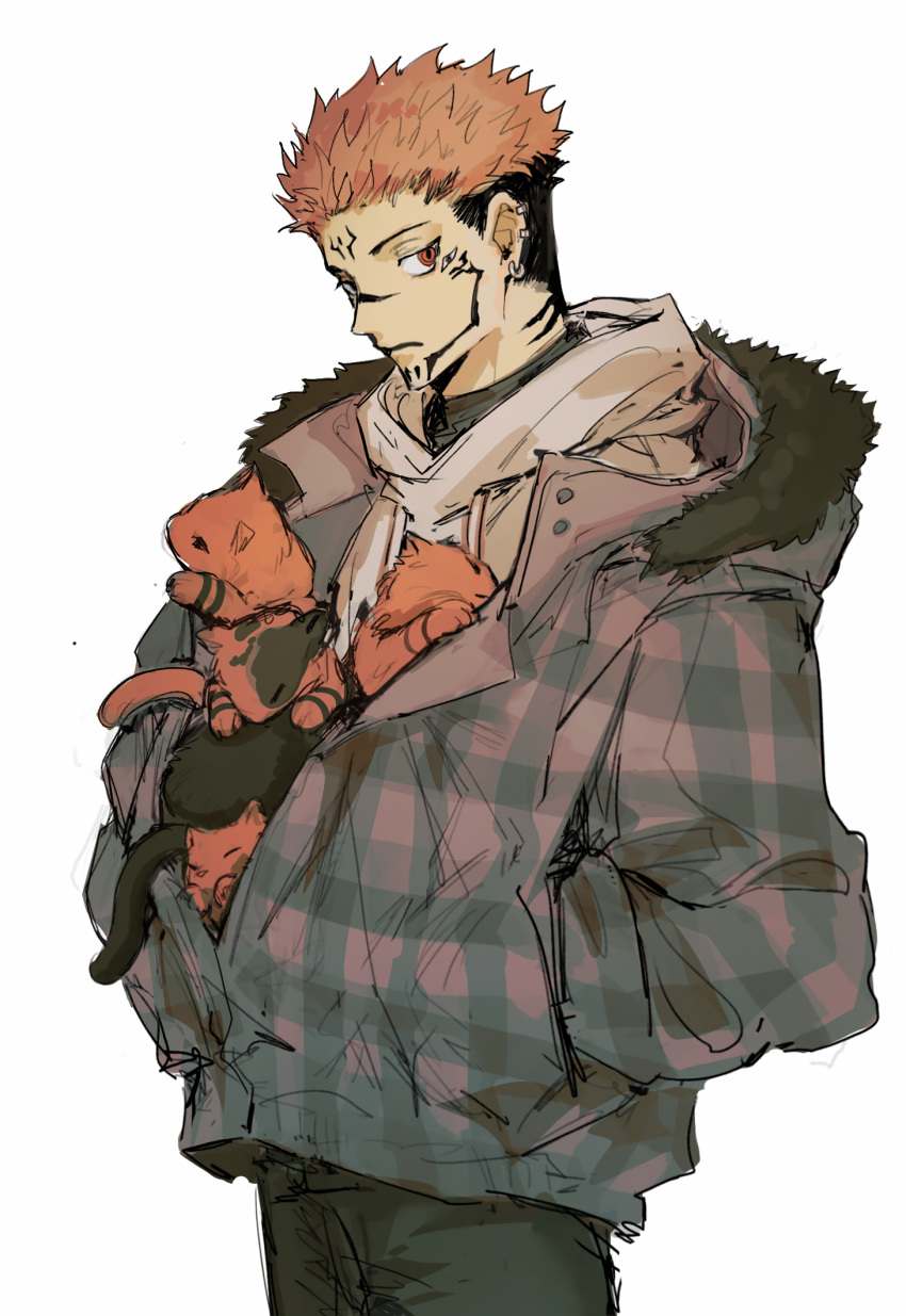 1boy, animal, animal_in_clothes, animalization, black_pants, cat, ear_piercing, extra_ears