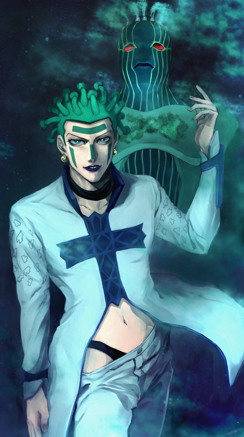 2boys, absurdres, choker, cioccolata, earrings, facepaint, facial_mark, fog