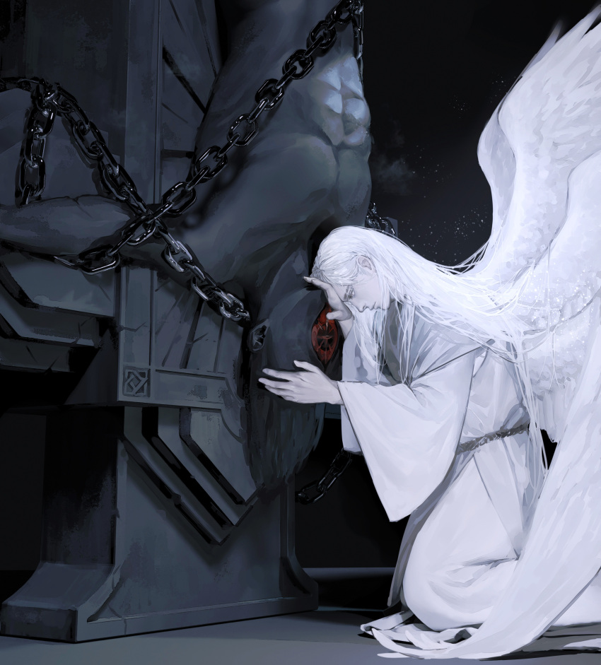 2boys, abs, absurdres, angel, angel_wings, chain, chained, chinese_commentary, commentary_request, cross, cyclops, dark, dark_skin, god, grey_eyes, highres, holding_head, kneeling, looking_at_another, lord_of_the_mysteries, male_focus, multiple_boys, nude, one-eyed, ouroboros_(lord_of_the_mysteries), red_eyes, silver_hair, true_creator, upside-down, white_robe, wings, yinyoushirenmaotouying