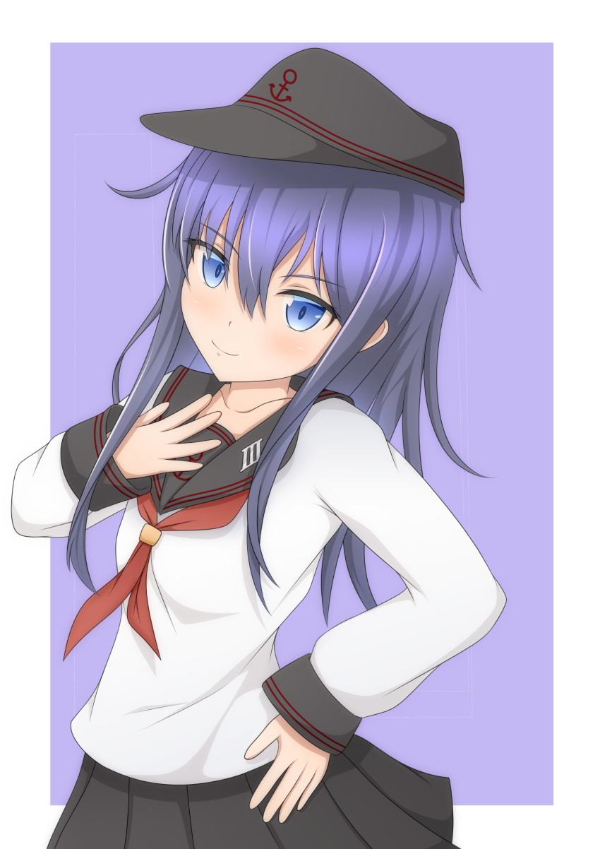 1girl, akatsuki_(kancolle), akatsuki_kai_ni_(kancolle), anchor_symbol, bell_shireikan, black_headwear, black_sailor_collar, black_skirt