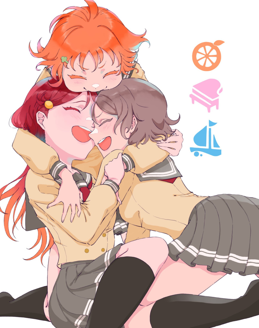 3girls, black_legwear, boat, brown_shirt, closed_eyes, commentary_request, food, fruit