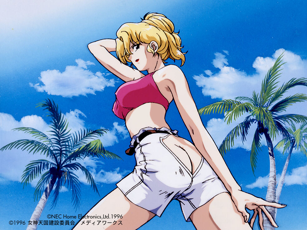 1990s_(style), 1996, 1girl, arm_up, ass, ass_cutout, belt, blonde_hair