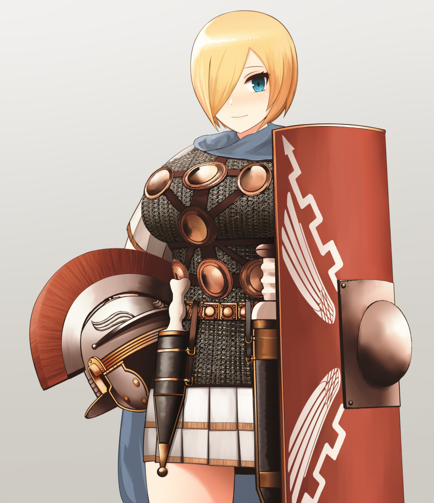 1girl, armor, blonde_hair, blue_eyes, breasts, chainmail, gentry_kichida, gladius, hair_over_one_eye, headwear_removed, helmet, helmet_removed, highres, holding, holding_helmet, huge_breasts, legionnaire, original, roman_clothes, roman_empire, scabbard, sheath, sheathed, shield, short_hair, smile, solo, sword, weapon