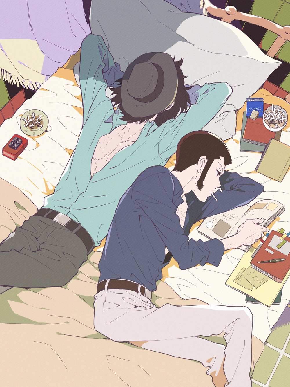 2boys, arsene_lupin_iii, beard, black_hair, cigarette, covered_face, facial_hair, hat_on_face