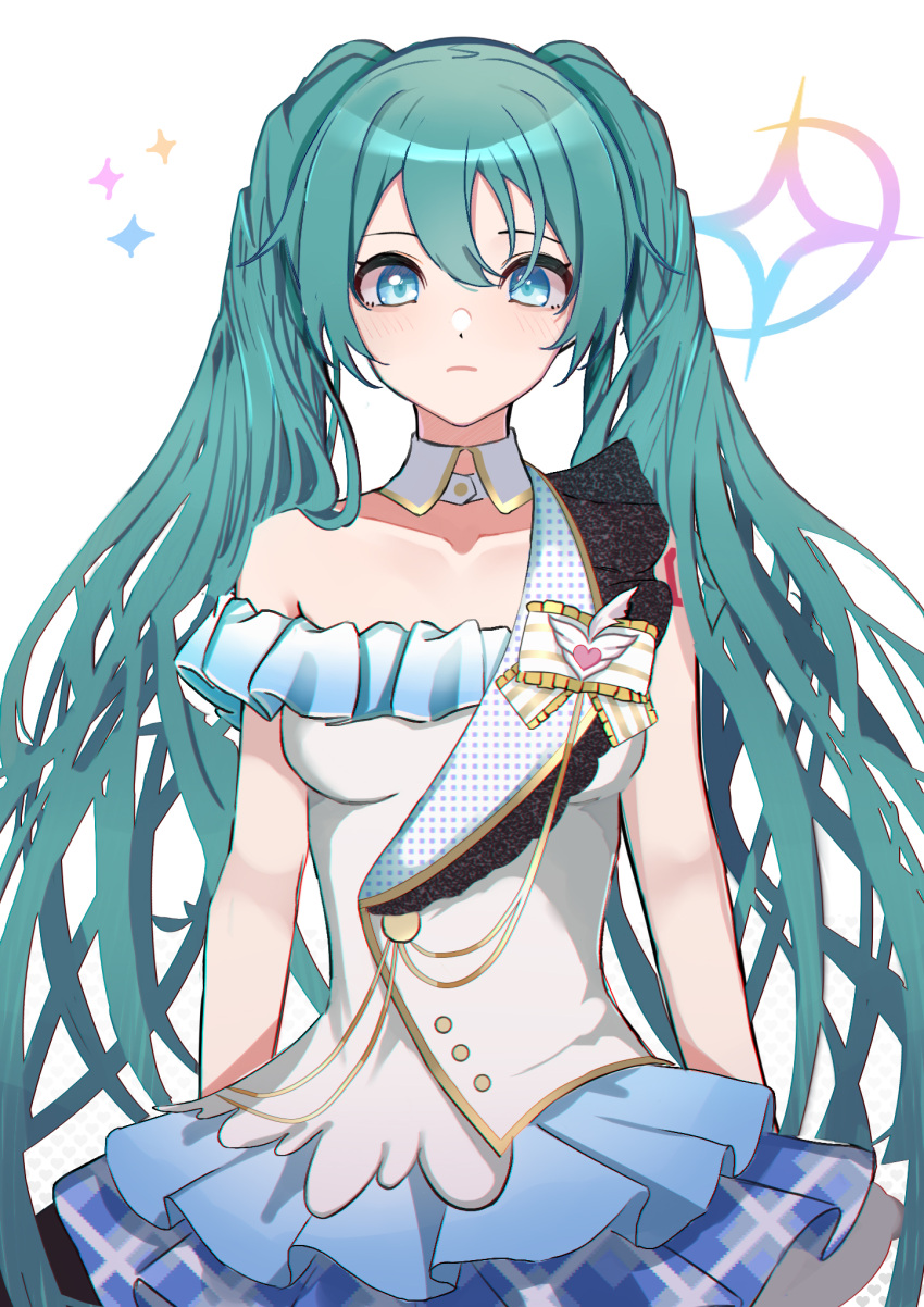 1girl, asymmetrical_clothes, detached_collar, expressionless, green_hair, hatsune_miku, highres, idolmaster