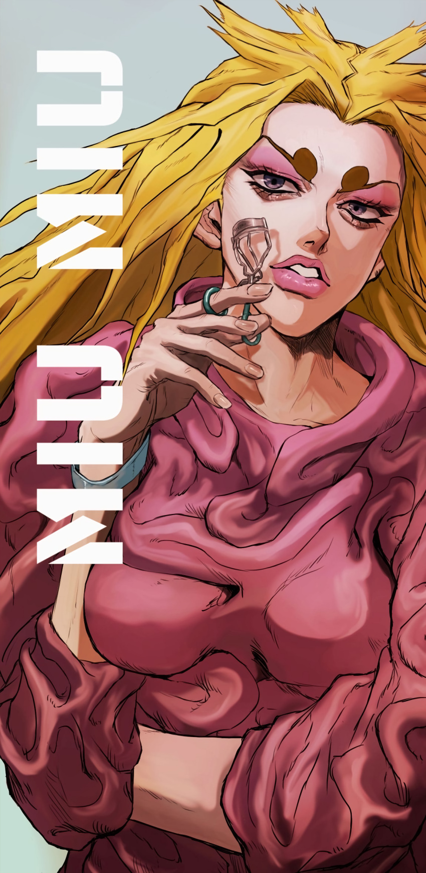 1girl, blonde_hair, blue_eyes, character_name, eyeshadow, highres, hospital_0434, jojo_no_kimyou_na_bouken
