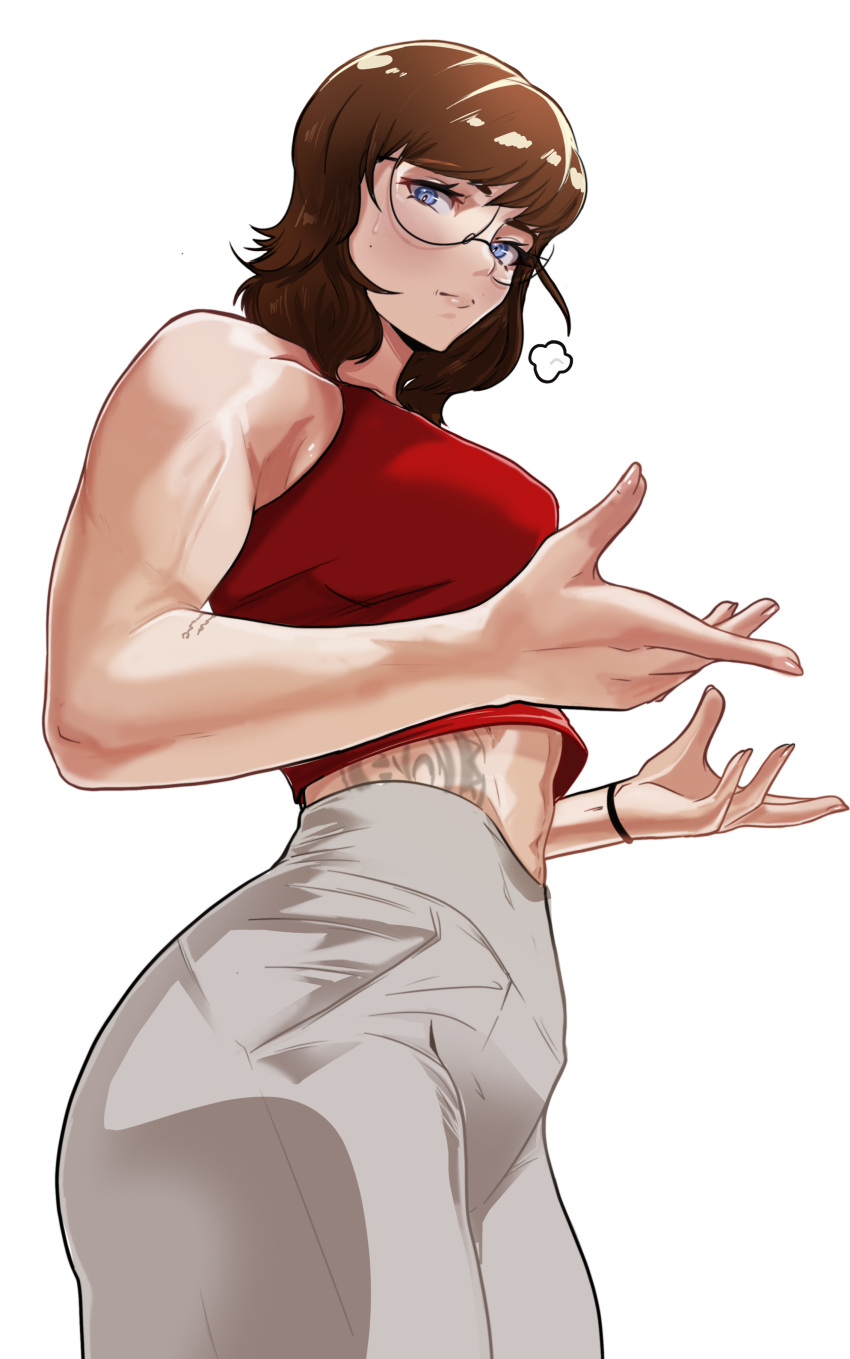 absurdres, bare_shoulders, blue_eyes, bracelet, brown_hair, datli64, glasses, highres, jewelry, leanbeefpatty, mole, muscular, muscular_female, original, pants, photo-referenced, real_life, red_tank_top, sweatdrop, tank_top, tattoo