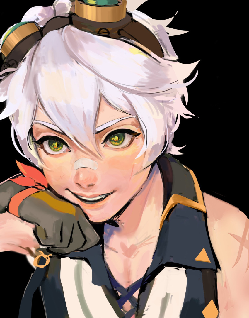 1boy, armband, bandaid, bandaid_on_face, bennett_(genshin_impact), bishounen, determined, genshin_impact