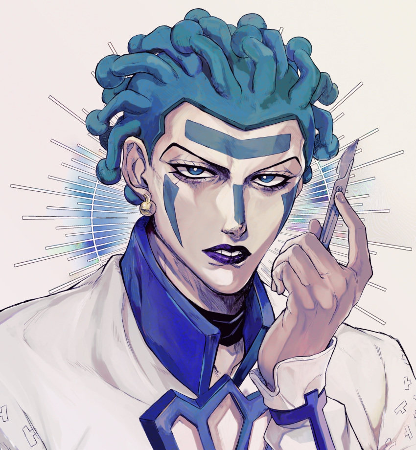 1boy, aura, cioccolata, earrings, facepaint, facial_mark, green_eyes, green_hair