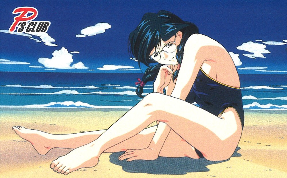 1990s_(style), 1girl, arm_between_legs, barefoot, beach, blue_eyes, blue_swimsuit, braid