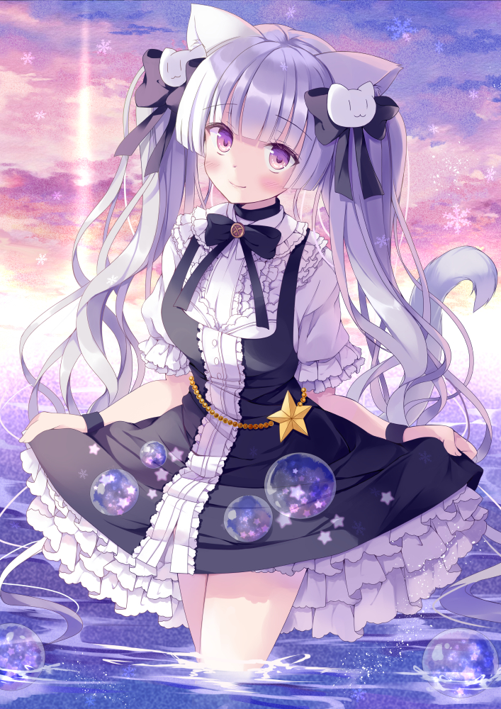 1girl, animal_ears, bangs, black_bow, black_ribbon, blunt_bangs, bow, bubble