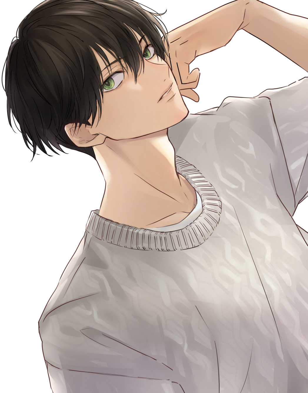 1boy, bangs, black_hair, green_eyes, grey_sweater, hair_between_eyes, hand_up, highres