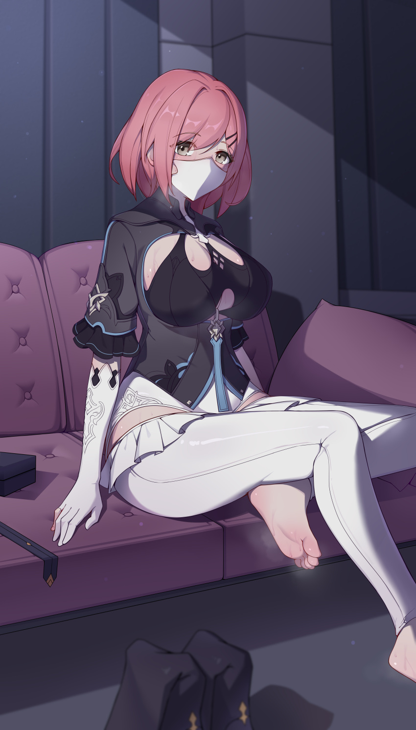 1girl, absurdres, bangs, barefoot, black_leotard, bob_cut, breasts, couch, elbow_gloves, gloves, highres, honkai_(series), honkai_impact_3rd, indoors, large_breasts, leotard, looking_back, mask, medium_hair, mouth_mask, neprbq, no_shoes, no_socks, pants, pink_hair, short_sleeves, sitting, soles, sweat, timido_cute, toes, white_gloves, white_pants