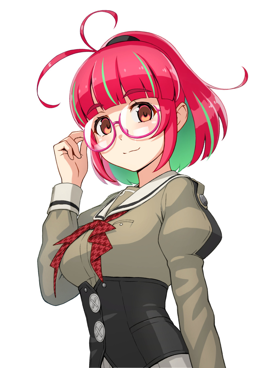 1girl, blouse, bow, bowtie, breasts, corset, cowboy_shot, glasses