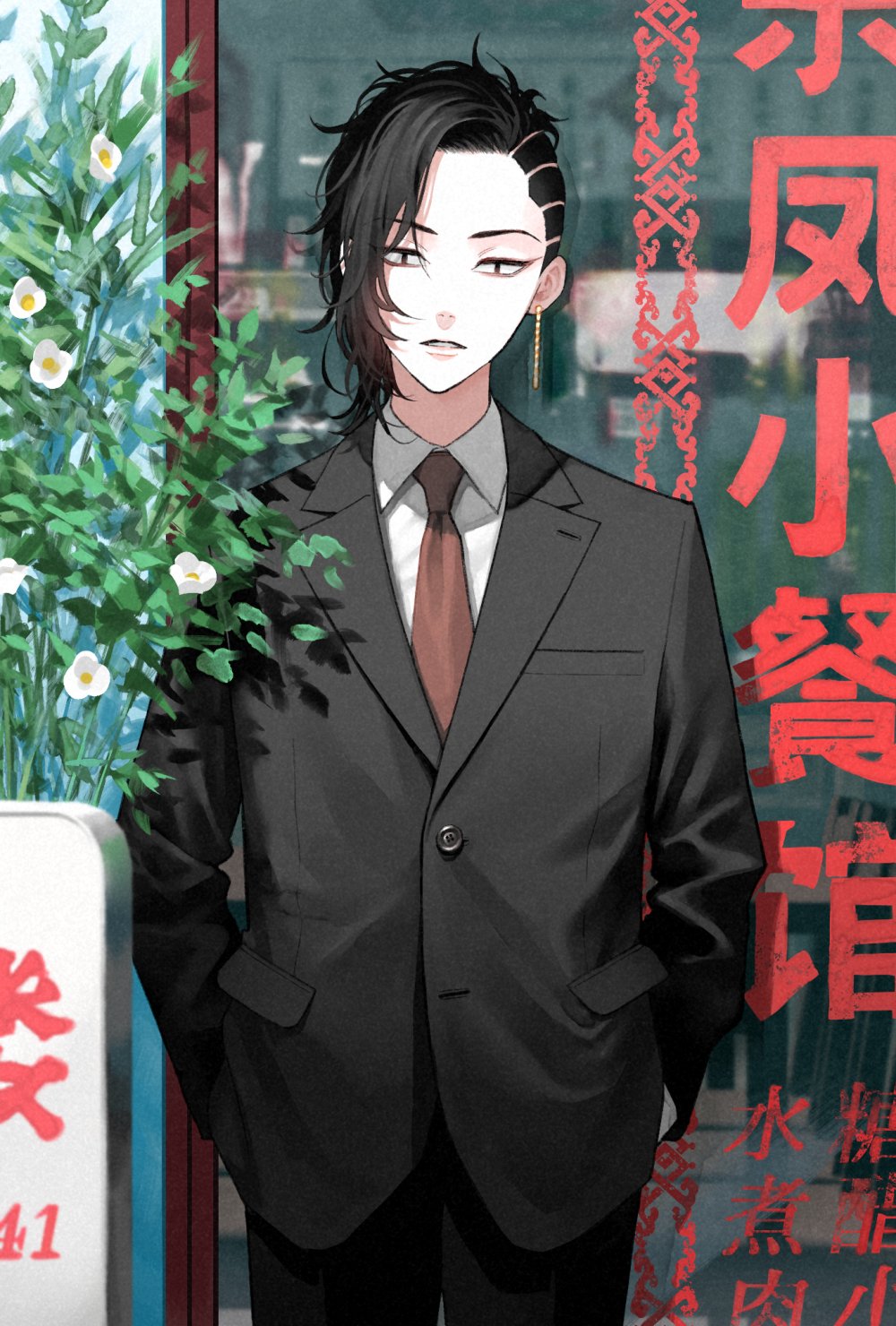 1boy, ajinori_kome, asymmetrical_hair, black_eyes, black_hair, black_jacket, black_pants, black_suit