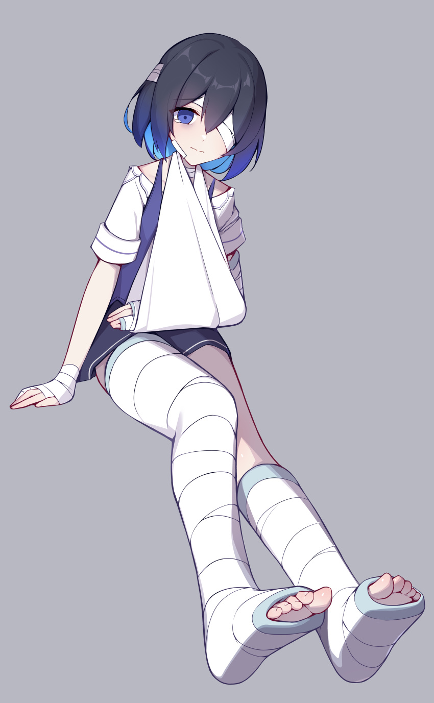 1girl, absurdres, bandages, bangs, blue_eyes, blue_hair, blue_skirt, blue_vest