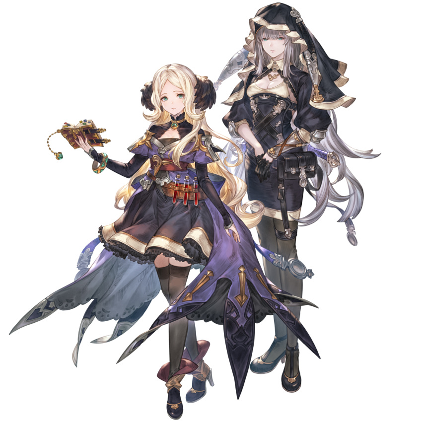 2girls, aqua_eyes, arm_at_side, bangs, blonde_hair, boots, breasts, crossed_legs, dress, fold-over_boots, granblue_fantasy, green_eyes, habit, hand_up, high_heel_boots, high_heels, long_hair, looking_at_viewer, medium_breasts, minaba_hideo, mireille_(granblue_fantasy), multiple_girls, official_art, pantyhose, risette_(granblue_fantasy), silver_hair, simple_background, skirt, small_breasts, standing, thigh-highs, transparent_background, vial