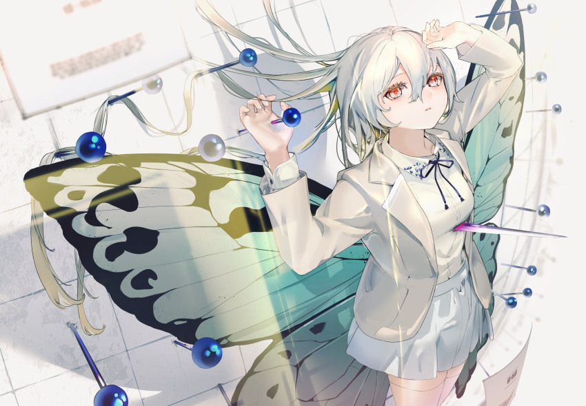1girl, absurdres, arthropod_girl, bangs, black_ribbon, blade, blazer, blurry