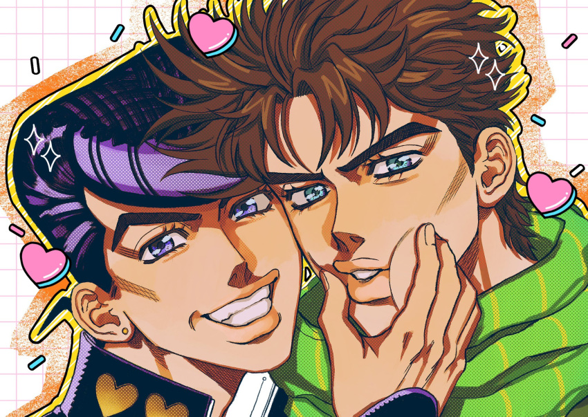 2boys, anchor_symbol, battle_tendency, black_hair, blue_eyes, brown_hair, cheek_squash, diamond_wa_kudakenai