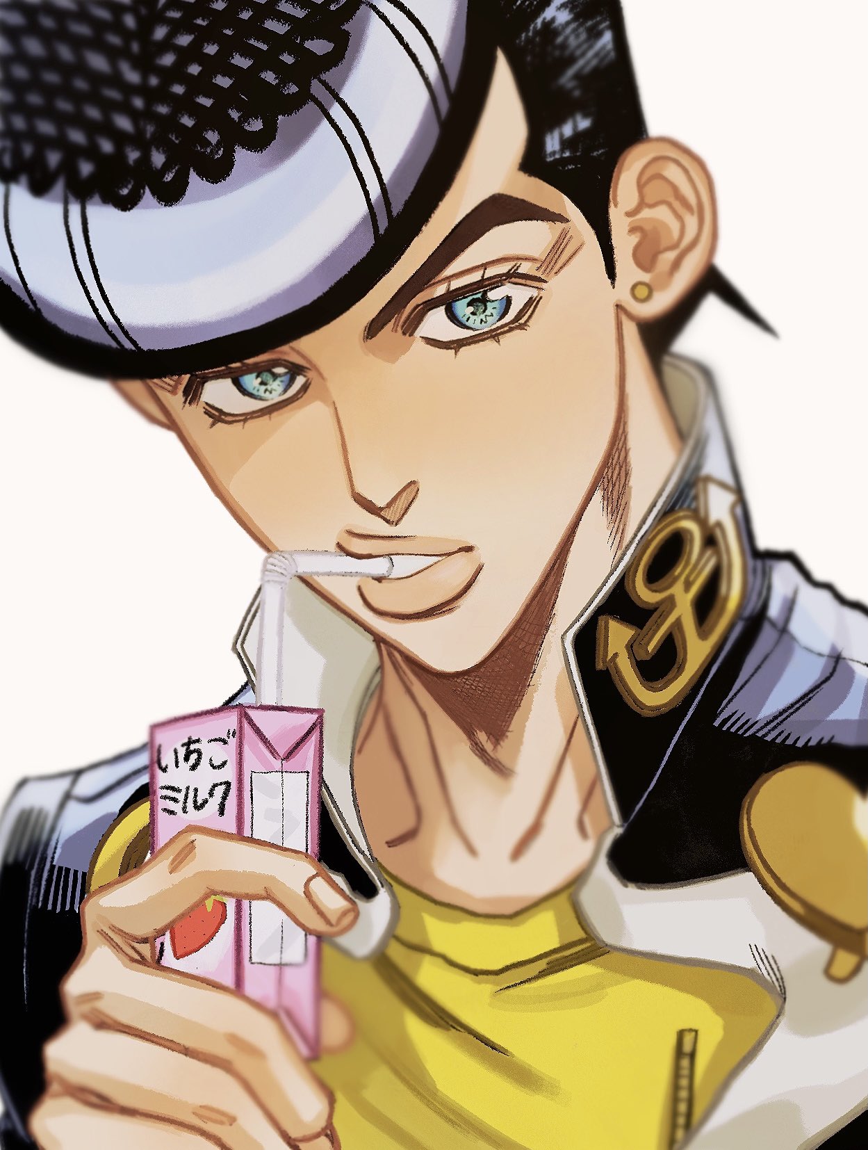 1boy, anchor_symbol, black_hair, blue_eyes, box, desk, diamond_wa_kudakenai, drinking_straw