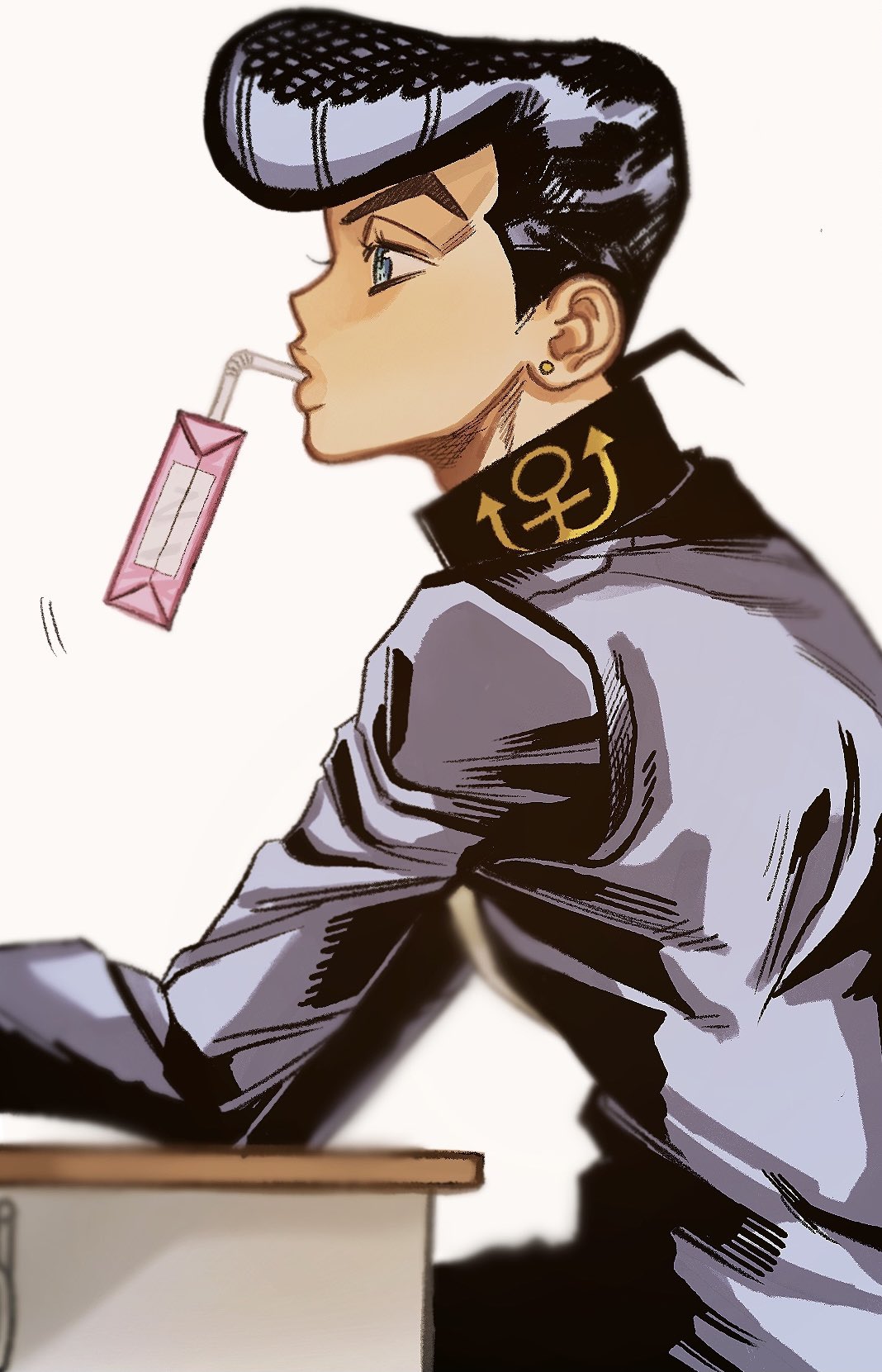 1boy, black_hair, blue_eyes, desk, diamond_wa_kudakenai, drinking_straw, higashikata_josuke, highres