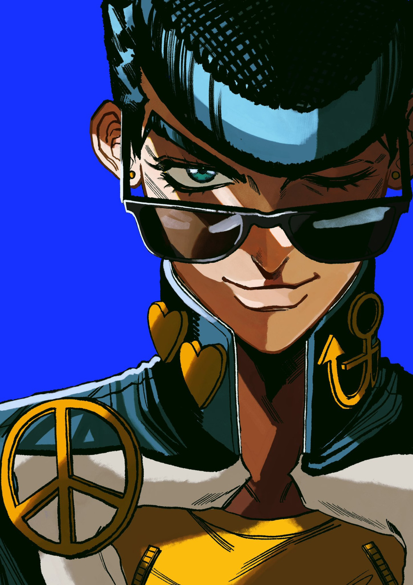 1boy, anchor_symbol, black_hair, blue_eyes, blue_hair, diamond_wa_kudakenai, heart, higashikata_josuke