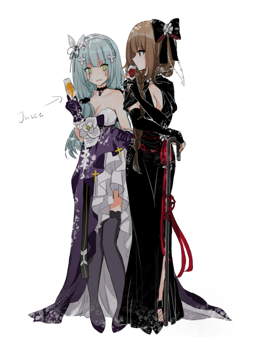 2girls, black_dress, breasts, brown_eyes, brown_hair, cup, dress, drinking_glass, eyepatch, girls_frontline, gloves, green_eyes, high_heels, highres, hk416_(girls'_frontline), hk416_(starry_cocoon)_(girls'_frontline), m16a1_(blazer_of_the_trail)_(girls'_frontline), m16a1_(girls'_frontline), multiple_girls, shadow71580825, silver_hair, strapless, strapless_dress