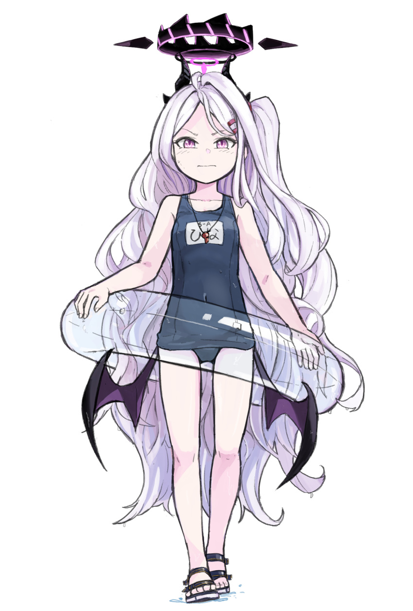1girl, 3:, bangs, blue_archive, blue_swimsuit, collarbone, commentary_request, demon_girl