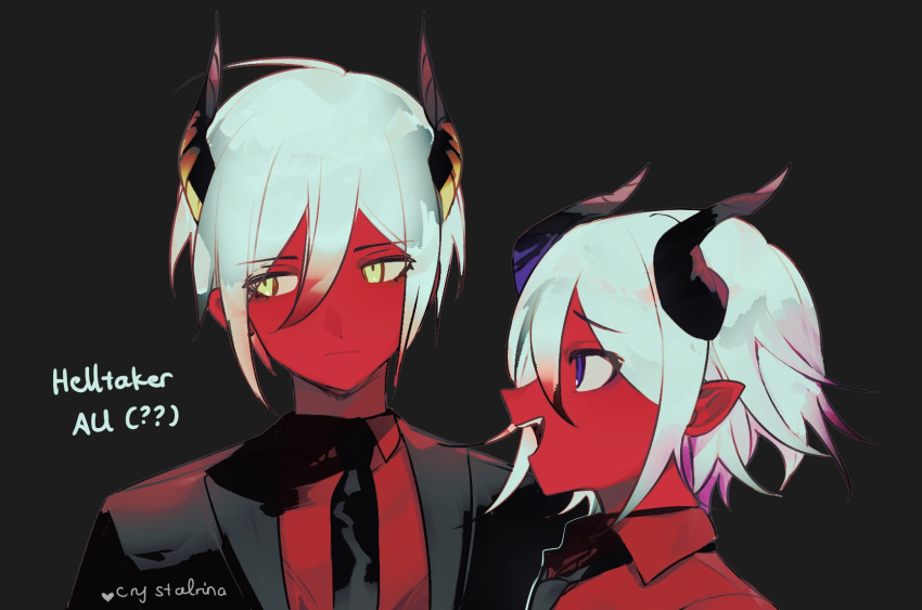 2boys, :d, artist_name, black_background, black_jacket, black_necktie, blue_eyes, brown_eyes