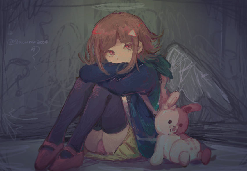 1girl, alternate_hair_ornament, artist_name, bangs, black_jacket, black_legwear, blunt_bangs, brown_hair