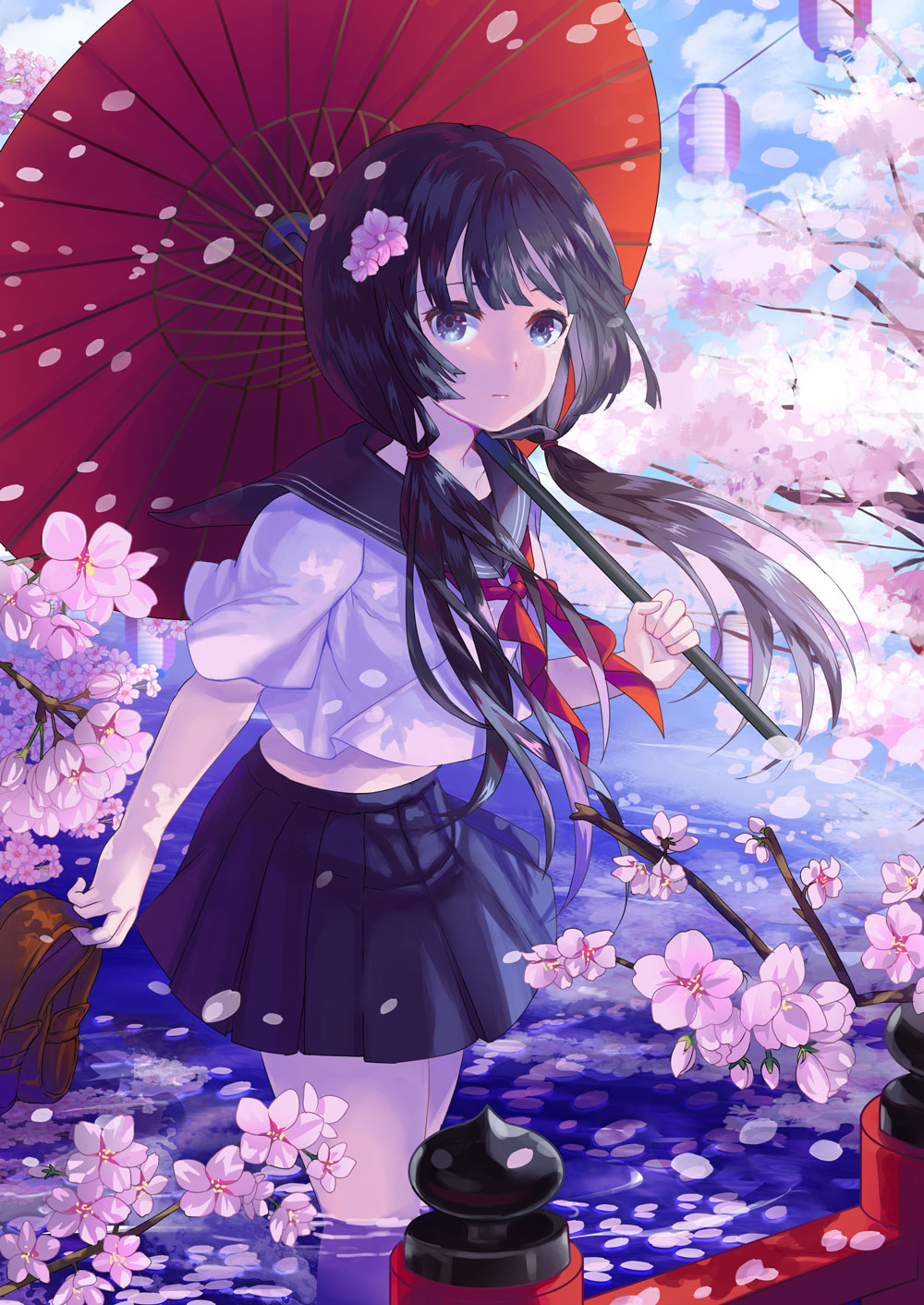 1girl, black_hair, black_sailor_collar, black_skirt, blue_eyes, braid, cherry_blossoms, flower