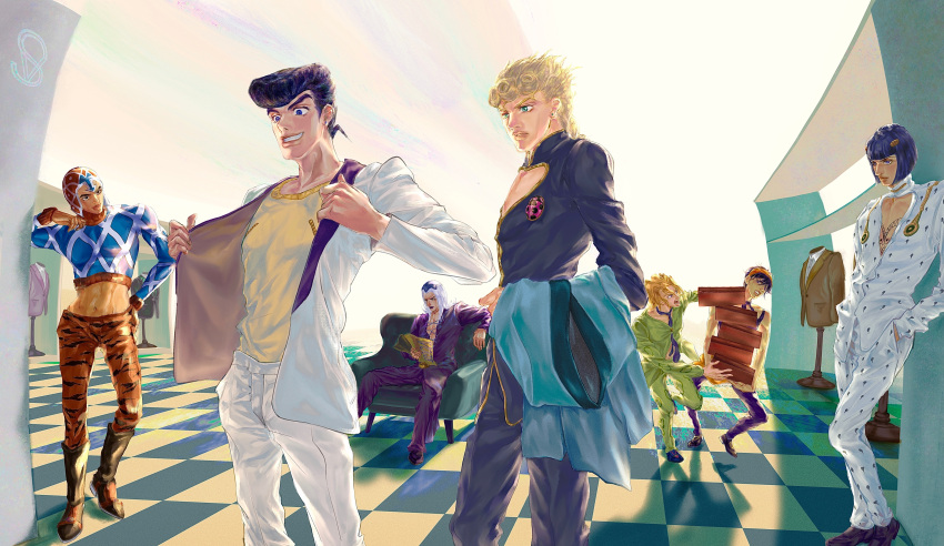 6+boys, absurdres, black_hair, blonde_hair, braid, bruno_buccellati, checkered_floor, couch