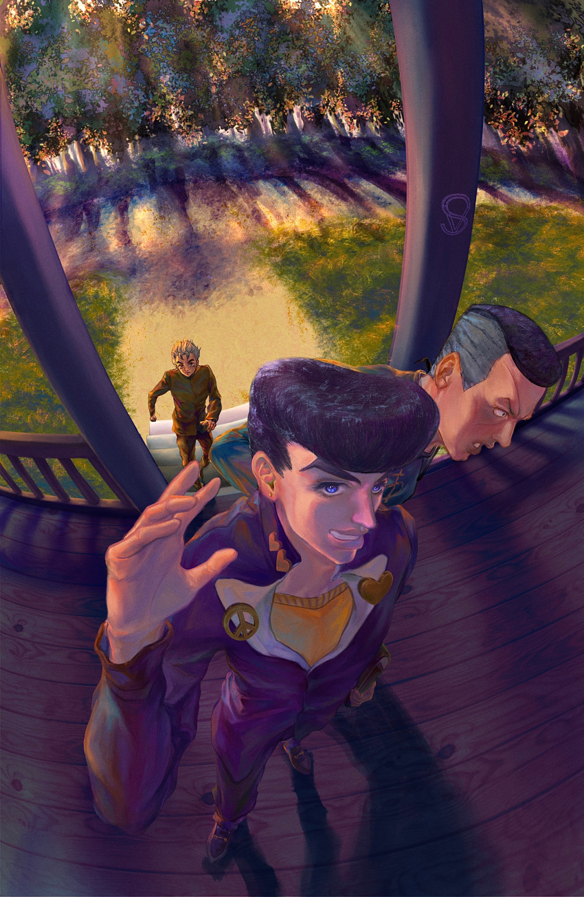3boys, absurdres, black_hair, blonde_hair, diamond_wa_kudakenai, earrings, fisheye, from_above