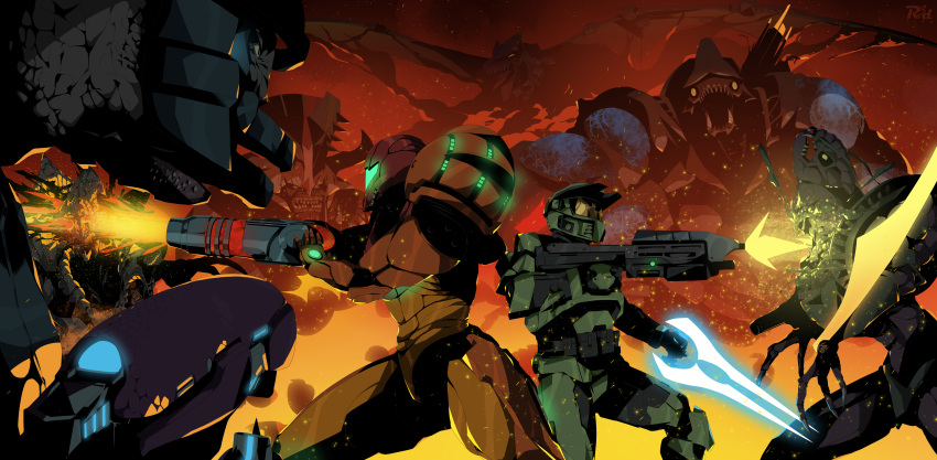 1boy, 1girl, absurdres, action, arm_cannon, armor, assault_rifle, battle, brute_(halo), bullpup, crossover, explosion, fire, firing, full_armor, glowing, gun, halo_(series), helmet, highres, ma5, master_chief, metroid, metroid_(classic), power_armor, power_suit, r3dfive, rifle, samus_aran, sangheili, science_fiction, shoulder_pads, space_pirate, space_pirate_(metroid), spartan_(halo), type-1_energy_sword, varia_suit, weapon
