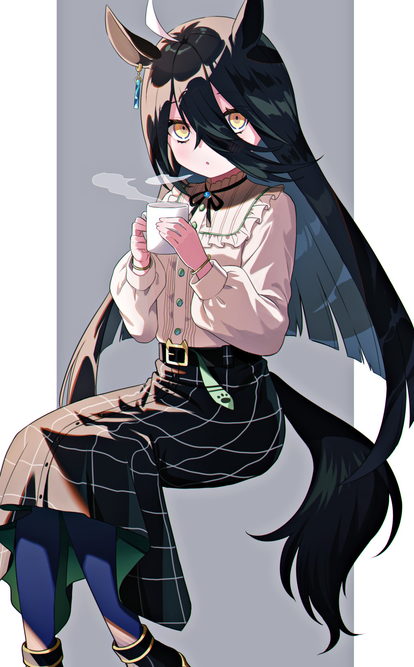 1girl, absurdres, ahoge, belt, blush, breasts, casual, coffee