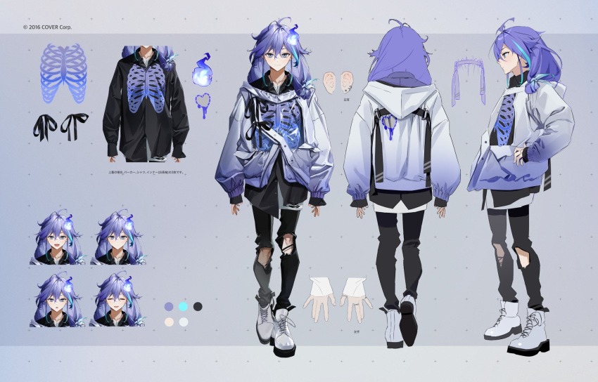 1boy, :d, ankle_boots, antenna_hair, aqua_hair, black_pants, black_ribbon, black_shirt