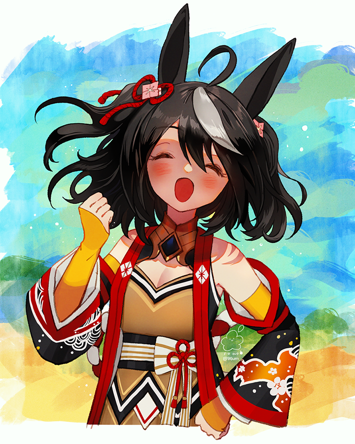 61um, ahoge, animal_ears, black_hair, breasts, cleavage_cutout, closed_eyes, clothing_cutout