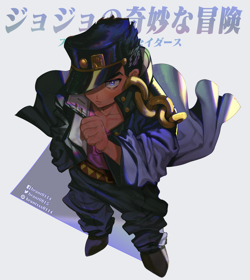 1boy, blue_background, blue_eyes, brant0815, chain, child, clenched_hand, collar_chain