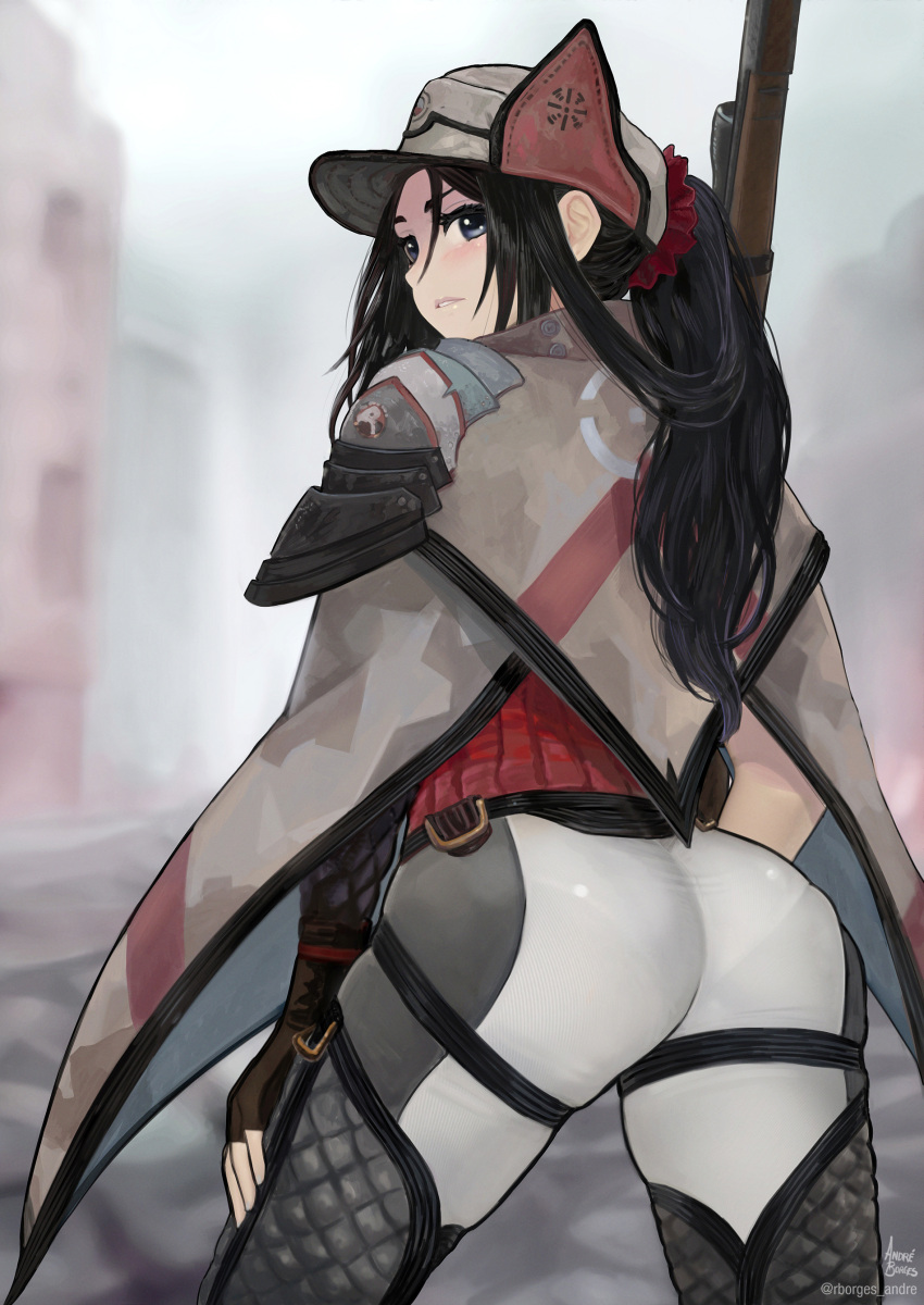 1girl, absurdres, andre_borges, ass, ass_focus, back, black_hair, camouflage