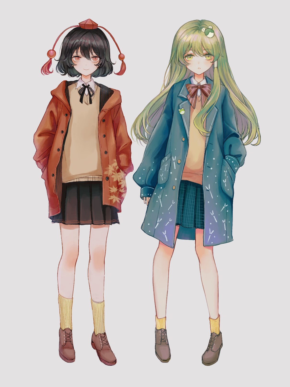 2girls, alternate_costume, black_hair, black_neckwear, black_ribbon, black_skirt, blazer, bow