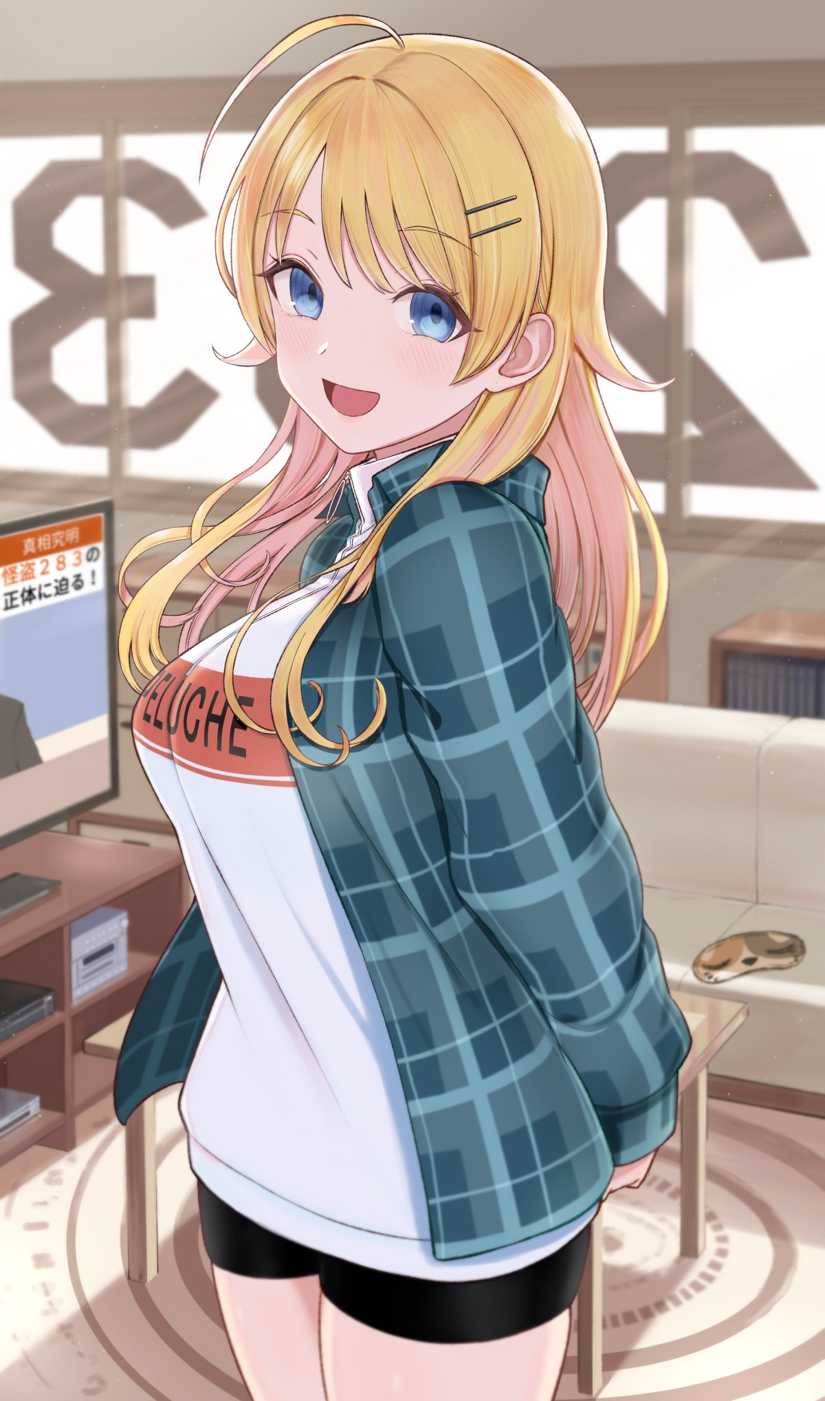 1girl, :d, ahoge, arms_behind_back, black_shorts, blonde_hair, blush, breasts