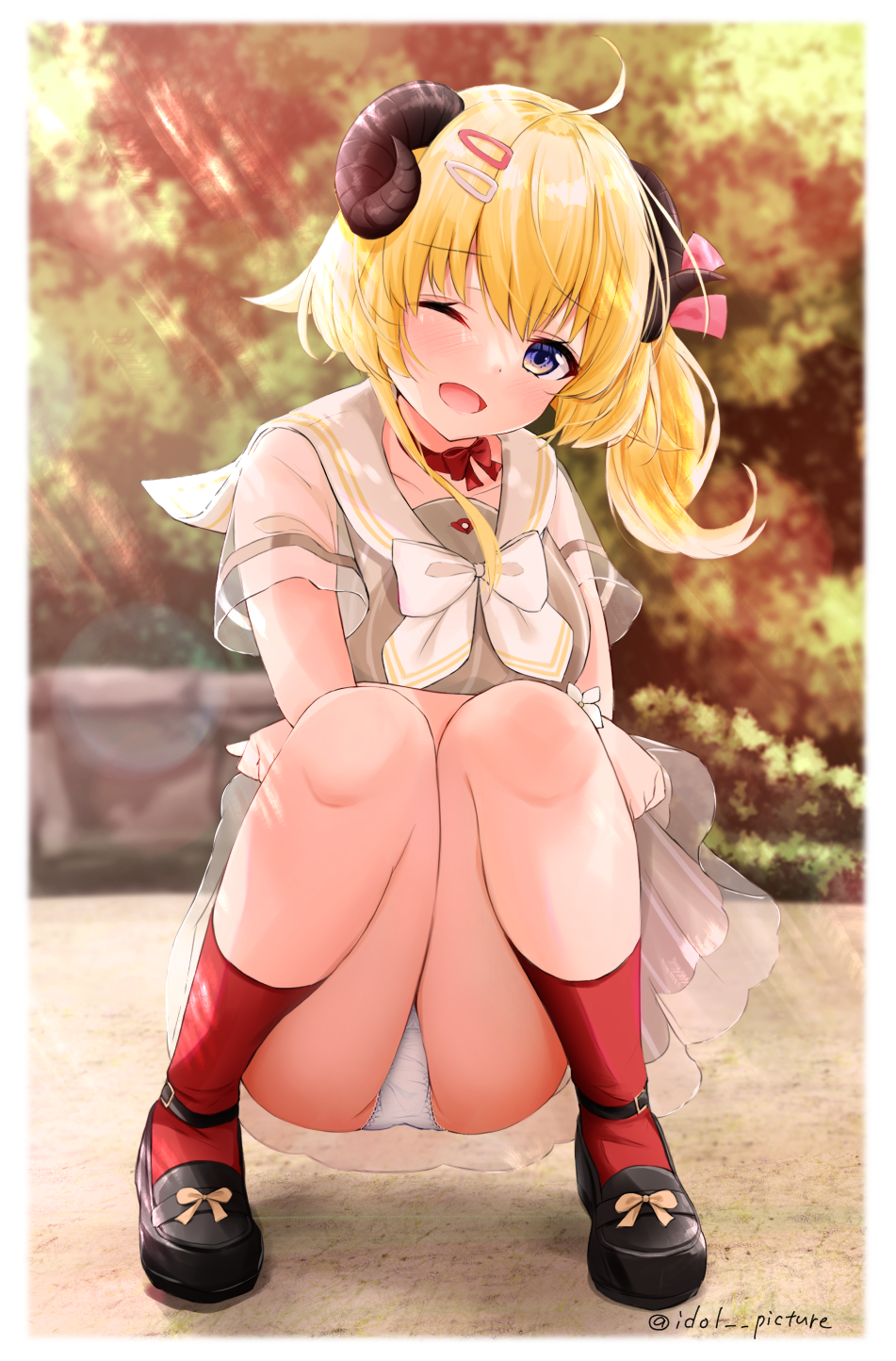 1girl, ;d, ahoge, animal_ears, bangs, black_footwear, blonde_hair, blush