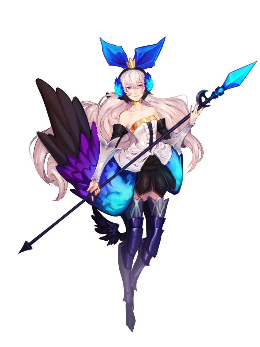 1girl, ankle_wings, armor, armored_boots, armored_dress, bare_shoulders, big_hair, blue_bow
